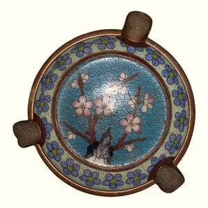 Cloisonné Japanese INABA Ash Tray Vtg. 3.5’. Blue/Pink EUC
